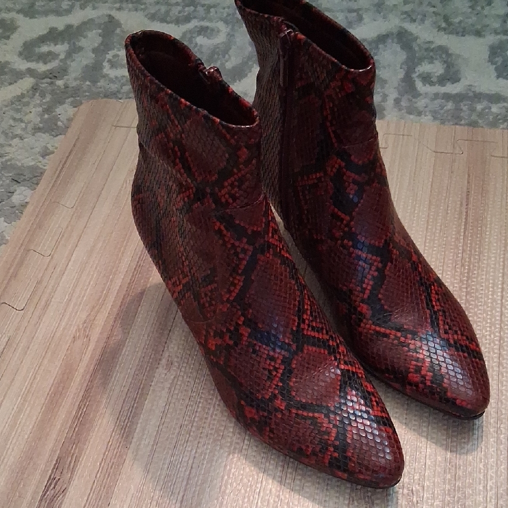 Red Snake-Print Pointed Toe Ankle Booties